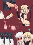  2girls animal_ears apron bare_shoulders black_legwear blonde_hair blush cat_ears cat_tail condom condom_filling cum drinking gloves green_eyes groin heart heidimarie_w_schnaufer heinrike_prinzessin_zu_sayn-wittgenstein hetero honey jug long_hair multiple_girls needle noble_witches null_(nyanpyoun) o_o panties penis petite poking pooh pouring red_background red_eyes side-tie_panties silver_hair tail thighhighs underwear winnie_the_pooh world_witches_series 