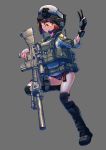  assault_rifle bangs black_footwear black_gloves boots brown_eyes brown_hair buruma camouflage commentary english_commentary erica_(naze1940) full_body gloves glowstick goggles gun hand_up helmet highres jacket knee_pads looking_at_viewer microphone military military_uniform original pouch purple_buruma rifle short_hair single_glove smile sniper_rifle solo sr-25 standing standing_on_one_leg tactical_clothes uniform v watch weapon wristwatch 