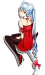  animal_ears aqua_hair bare_shoulders black_legwear cat_ears cat_tail hatsune_miku high_heels highres kemonomimi_mode long_hair looking_back outline pantyhose red_eyes shoes sitting solo tail tsukomo twintails very_long_hair vocaloid wariza 