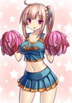  breasts cheerleader clothes_writing cowboy_shot fang hair_ribbon large_breasts light_brown_hair looking_at_viewer midriff navel open_mouth original pom_poms ponytail red_eyes ribbon simple_background smile solo star starry_background tsukumiya_amane 