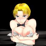 areola_slip areolae bad_id bad_pixiv_id bare_shoulders blonde_hair blue_eyes blush bow bowtie breasts earrings jewelry king_(snk) large_breasts nipple_slip nipples noboes ryuuko_no_ken short_hair solo the_king_of_fighters torn_clothes 