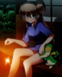  bad_id bad_pixiv_id brown_eyes brown_hair double_bun fireworks gen_5_pokemon hand_on_own_head highres japanese_clothes long_hair mei_(pokemon) o_takana pokemon pokemon_(creature) pokemon_(game) pokemon_bw pokemon_bw2 senkou_hanabi sleeping smile snivy sparkler 