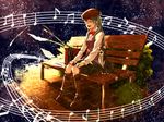  bad_id bad_pixiv_id bench cat closed_eyes green_hair hat hatsune_miku highres long_hair musical_note open_mouth pietani397 shorts sitting smile solo twintails vocaloid 