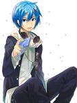  blue_eyes blue_hair digital_media_player glasses hair_ornament hairclip hayama_eishi headphones headphones_around_neck kaito looking_at_viewer male_focus md5_mismatch project_diva_(series) project_diva_f smile solo vocaloid 