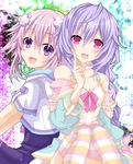  braid hair_ornament hinano kami_jigen_game_neptune_v long_hair multiple_girls neptune_(choujigen_game_neptune) neptune_(series) open_mouth purple_eyes purple_hair pururut short_hair smile striped striped_legwear twin_braids 