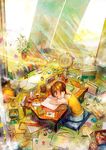  bag ball bandaid blonde_hair book cat clock closed_eyes cup digital_clock drinking_glass drinking_straw eraser fan highres light_rays messy_room neyagi open_mouth original pencil plant potted_plant short_hair shorts slipping solo star sunbeam sunlight table tissue_box 
