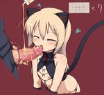  ^_^ animal_ears blonde_hair blush cat_ears cat_tail closed_eyes condom condom_on_penis fellatio flat_chest heart heinrike_prinzessin_zu_sayn-wittgenstein hetero licking long_hair lotion nipples noble_witches null_(nyanpyoun) oral panties penis red_background side-tie_panties tail underwear world_witches_series 