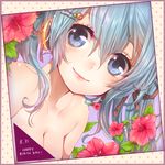  bare_shoulders blue_eyes blue_hair border breasts cleavage dated face flower hair_ornament hairclip happy_birthday hatsune_miku headphones hibiscus lips looking_at_viewer medium_breasts rojiko smile solo vocaloid 