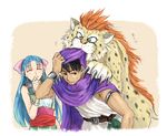  1girl bad_id bad_pixiv_id blue_hair borongo bow cape claws closed_eyes dragon_quest dragon_quest_v flora hair_bow half_updo hero_(dq5) hisu long_hair pink_bow smile sweatdrop turban 