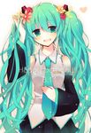  aqua_eyes aqua_hair bad_id bad_pixiv_id bare_shoulders dated detached_sleeves flower hair_flower hair_ornament happy_birthday hatsune_miku heart long_hair looking_at_viewer necktie open_mouth shimotsuki_eri simple_background skirt smile solo twintails very_long_hair vocaloid 
