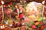  1girl apple bag bird blonde_hair boots brown_hair building candy chibi_(shimon) dove dress flower food fruit german_clothes gingerbread_house hansel_and_gretel hat hat_ribbon heart holding house_of_candy lederhosen lollipop long_hair original ribbon sign smile socks star strawberry traditional_clothes walking witch witch_hat 