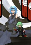  2girls alternate_costume alternate_hairstyle aoshima arm_support armband blue_eyes blue_hair choker cirno daiyousei detached_sleeves gauntlets hairband highres jacket lectern military military_uniform multiple_girls no_wings older open_mouth short_hair touhou uniform 