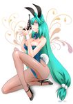  :o animal_ears aqua_hair back-seamed_legwear bare_shoulders blue_eyes bow bowtie breasts bunny_ears bunny_tail bunnysuit cleavage full_body gun handgun high_heels large_breasts legs long_hair long_legs lurie_schwarzkummel original pantyhose profile seamed_legwear shoes simple_background solo tail thighs very_long_hair weapon white_background wrist_cuffs yagisaka_seto 