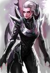  armor bad_id bad_pixiv_id diana_(league_of_legends) facial_mark fingerless_gloves forehead_mark gloves jang_ju_hyeon khopesh league_of_legends lips long_hair scar silver_hair solo sword weapon white_eyes 