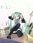  aqua_eyes aqua_hair bad_id bad_pixiv_id bare_shoulders detached_sleeves furukawa_itsuse guitar hatsune_miku headset instrument long_hair looking_at_viewer open_mouth panties pantyshot skirt smile solo striped striped_panties thighhighs twintails underwear very_long_hair vocaloid 