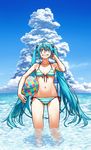  ahoge aqua_eyes aqua_hair ball beachball bikini cloud day front-tie_top grin hatsune_miku kawazu long_hair looking_at_viewer multicolored multicolored_stripes navel outdoors shiny shiny_skin side-tie_bikini sky smile solo striped striped_bikini swimsuit twintails very_long_hair vocaloid wading water wet 