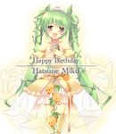  amamine bad_id bad_pixiv_id character_name flower green_eyes green_hair happy_birthday hatsune_miku head_tilt long_hair microphone microphone_stand solo thighhighs twintails very_long_hair vocaloid 