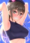  1girl absurdres armpits arms_up bangs bare_arms bare_shoulders beret black_hat black_sweater blue_background blush breasts brown_eyes brown_hair commentary_request covered_nipples crop_top eyebrows_visible_through_hair grin hair_between_eyes hat head_tilt highres idolmaster idolmaster_cinderella_girls light_particles long_hair looking_at_viewer medium_breasts midriff mole mole_under_eye ribbed_sweater sharp_teeth shirouzu_myuuta sidelocks sleeveless smile solo stomach sunazuka_akira sweater teeth two_side_up upper_body 