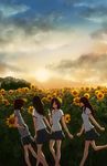  black_hair brown_hair cloud field flat_chest flower food hair_over_eyes hands_in_pockets head_tilt highres light_smile long_hair looking_at_viewer mouth_hold multiple_girls no10 original popsicle running school_uniform short_hair sky sun sunflower sunset tree 