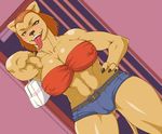  blush breasts camel_toe cleavage clothed clothing fangs feline female green_eyes kizaruya lion mammal monster_girl muscles muscular_female nipples open_mouth purse saliva skimpy solo sweat tongue tongue_out 