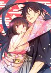  1boy 1girl black_eyes black_hair fate/grand_order fate_(series) floral_print hakama haori hug japanese_clothes kimono long_hair low_ponytail new_year obi oryou_(fate) pink_eyes racer_(magnet) sakamoto_ryouma_(fate) sash scarf wide_sleeves 