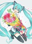  aqua_eyes aqua_hair bad_id bad_pixiv_id boots bouquet detached_sleeves flower hatsune_miku headphones kneeling long_hair necktie open_mouth skirt solo spring_onion tanaka_(colorcorn) thigh_boots thighhighs twintails very_long_hair vocaloid 