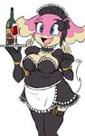  alcohol audino beverage blue_eyes breasts chubby cleavage clothed clothing fangs female fruit grapes looking_at_viewer maid maid_uniform nintendo plain_background pok&#233;mon pok&eacute;mon teckworks video_games white_background wine wine_glass 