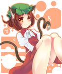  animal_ears blush brown_eyes brown_hair cat_ears cat_tail chen hat looking_at_viewer multiple_tails outline short_hair snowcanvas solo tail touhou 