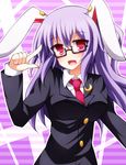  animal_ears bespectacled breasts bunny_ears crescent creta_(taku10) glasses jacket large_breasts long_hair necktie open_mouth pink_eyes pose purple_hair red_neckwear reisen_udongein_inaba shirt smile solo touhou 