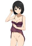  black_hair breasts brown_eyes camisole cleavage dress dress_lift groin ichihisa medium_breasts nakahara_misaki nhk_ni_youkoso! nipples no_panties pussy short_hair smile solo uncensored 