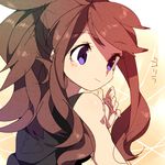  bangs bare_shoulders black_vest blush brown_hair closed_mouth drawr eyebrows eyebrows_visible_through_hair fingernails from_behind hand_up high_ponytail home_(houmei) long_hair looking_away lowres no_hat no_headwear pokemon pokemon_(game) pokemon_bw purple_eyes sidelocks smile solo touko_(pokemon) upper_body vest 