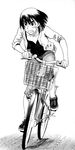  artist_request ayase_fuuka bangs bicycle bicycle_basket capri_pants clenched_teeth eyebrows greyscale ground_vehicle highres jacket looking_afar monochrome no_socks open_clothes open_jacket pants pavement riding shoes short_hair sleeves_pushed_up sneakers solo sweat teeth thick_eyebrows unbuttoned yotsubato! 