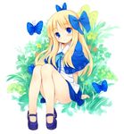  arm_support bare_legs blonde_hair blue_eyes bow bug butterfly capelet floral_background flower hair_bow hair_ribbon insect kurasuke legs long_hair mary_janes no_socks original panties pantyshot pantyshot_(sitting) ribbon shoes sitting smile solo underwear white_panties 