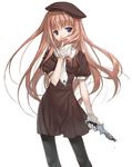  beret brown_hair gloves hat keg knife long_hair original pantyhose school_uniform solo 