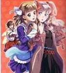  2girls arnaud_g_vasquez belt blue_eyes bow dress hug jude_maverick multiple_boys multiple_girls official_art ooba_wakako orange_background pantyhose purple_dress raquel_applegate scan trench_coat twintails two_side_up white_legwear wild_arms wild_arms_4 yulie_ahtreide 