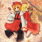  aki_minoriko aki_shizuha barefoot blonde_hair etogami_kazuya feet food fruit grapes hair_ornament hat leaf leaf_hair_ornament leaf_on_head multiple_girls orange_eyes persimmon red_eyes short_hair siblings sisters touhou 