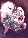  bangs blunt_bangs bob_cut bobby_socks fighting_stance from_above glowing glowing_eyes hairband hitodama katana konpaku_youmu konpaku_youmu_(ghost) perspective purple_eyes short_hair smile socks solo sword touhou tsukumo weapon white_hair 