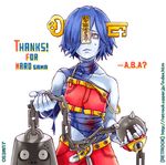  a.b.a a.b.a_(cosplay) artist_request belt blue_hair blue_skin cosplay crossover guilty_gear jiangshi key key_in_head lei_lei lock lowres red_eyes sammy solo vampire_(game) 