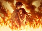  1girl artist_request brown_hair character_request closed_eyes couple dress fire game_cg head_rest hetero hug long_hair looking_away profile realize sad short_hair tears very_long_hair wind 