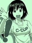  1girl :d artist_request ayase_fuuka eyebrows green lowres monochrome open_mouth smile solo thick_eyebrows upper_body yotsubato! 