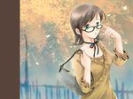 adjusting_eyewear artist_request autumn bag bow brown_hair copyright_request glasses green_eyes ribbon solo wallpaper 