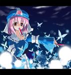  bug butterfly covering_mouth fan folding_fan glowing gochou_(atemonai_heya) hat insect japanese_clothes letterboxed outstretched_arm pink_hair red_eyes saigyouji_yuyuko short_hair solo touhou 