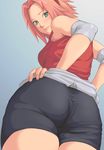  ass bike_shorts blush green_eyes haruno_sakura hebameki highres looking_at_viewer looking_back naruto naruto_(series) non-web_source pink_hair short_hair solo 