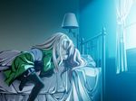  1girl bed bed_sheet bent_over black_legwear blonde_hair chin_grab couple curtains faceless faceless_female faceless_male game_cg hair_over_eyes hairband hetero kasugazaki_yukino kiss koisuru_otome_to_shugo_no_tate lamp long_hair lying on_back otoko_no_ko pillow pink_hair senomoto_hisashi thighhighs window yamada_taeko zettai_ryouiki 