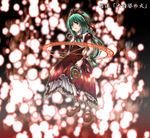  774kks bow danmaku dress floating frills front_ponytail green_eyes green_hair hair_bow hand_on_hip kagiyama_hina light_particles long_hair looking_down ponytail puffy_sleeves red_dress red_footwear shoes solo touhou 