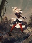  blonde_hair dress dual_wielding electricity fighting_stance holding legs open_mouth original red_legwear ruins solo sword thighhighs tomozo_kaoru weapon 