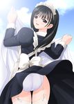  ass bed_sheet black_eyes black_hair blush cloud day dress dress_lift duplicate from_behind genmukan long_hair looking_back maid panties pantyshot sky smile solo tanaka_takayuki thighhighs underwear watase_nozomi white_legwear white_panties wind wind_lift 