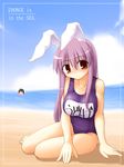  animal_ears beach bunny_ears day engrish inaba_tewi kurikara multiple_girls name_tag one-piece_swimsuit purple_school_swimsuit ranguage reisen_udongein_inaba school_swimsuit sitting swimsuit touhou 