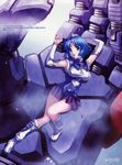  absurdres blue_hair boots breasts elbow_gloves gloves gouryu_kai highres knee_boots kusuha_mizuha large_breasts lying mercy_rabbit on_back panties purple_eyes scan short_hair skirt solo super_robot_wars the_3rd_super_robot_wars_alpha underwear white_panties 