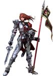  armor banner brown_hair dual_wielding gauntlets greaves headwear_removed helmet helmet_removed highres hildegard_von_krone holding kawano_takuji lance lips long_hair mole mole_under_mouth official_art pauldrons polearm red_hair solo soulcalibur soulcalibur_iv spurs sword weapon wolf 